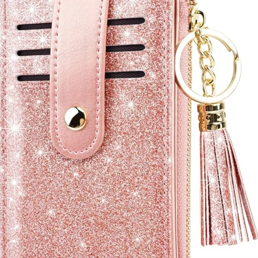 Glitter Pink Card Holder with Tassel Keychain